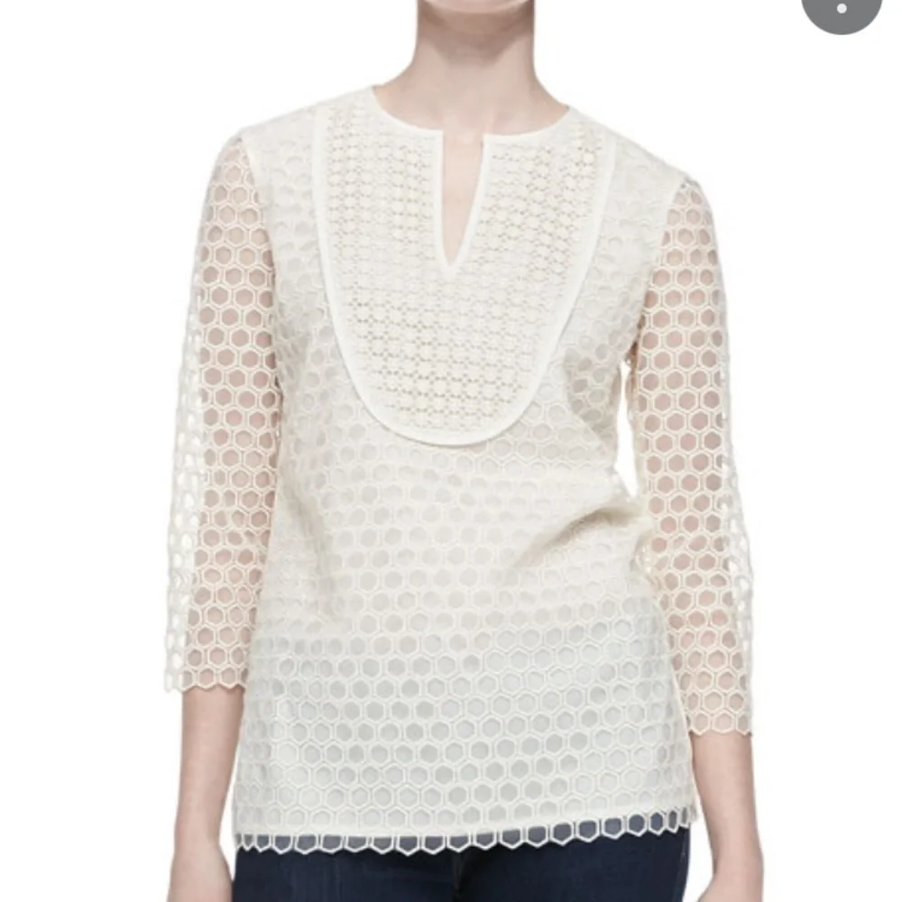 Tory Burch Tali-3/4-Sleeve Combo Honeycomb‎ Top Lace crochet blouse Top size XS